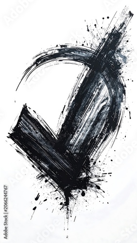 A bold, abstract black brushstroke art piece on a white background