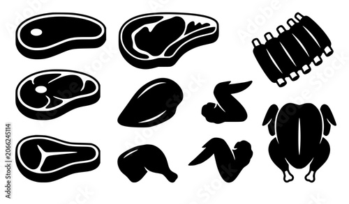 Canvastavla Raw meat and fresh poultry cuts collection featuring t-bone steak pork loin ribs chicken wings whole turkey and breast vector silhouette icons for butcher shops