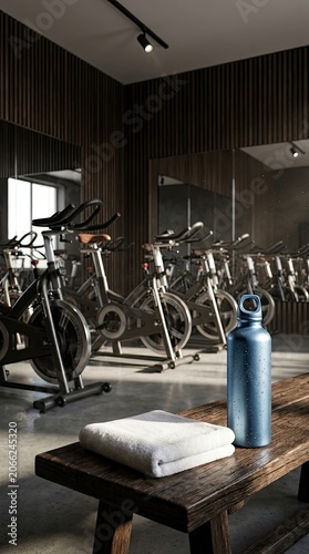 Spinning bikes in modern gym with towel and water bottle on bench