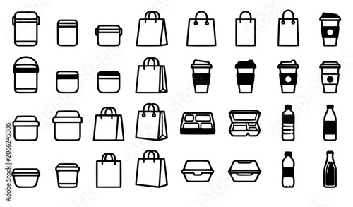 Fotografie Takeaway food packaging line icon set vector illustration isolated on white bac
