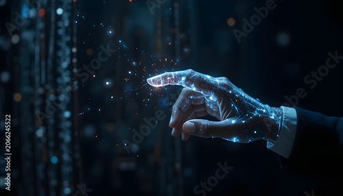 Human Hand Touching Translucent Light Hand Creating Glowing Binary Ripple