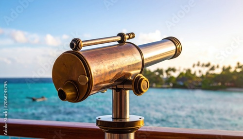 Antique brass telescope for viewing the expansive ocean and tropical island landscape during a breathtaking golden hour sunset.