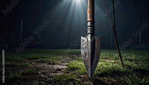 A Rusted Metal Shovel with a Wooden Handle Stuck in the Grassy Ground Under Dramatic Spotlight Beams at Night