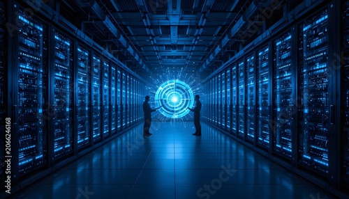 Futuristic Server Room with Glowing Central Core and Floating Holographic Data