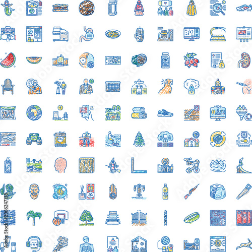 Fotografia Collection of diverse hand drawn line art icons, depicting a wide range of objec
