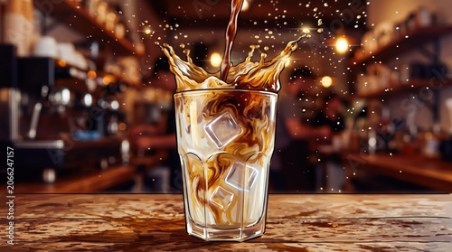 Glass of cold coffee with ice and splash motion on wooden bar counter in busy cafe environment, liquid pour captured mid air with dynamic droplets and creamy swirls