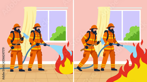 Photography Firefighters extinguishing blazing fire indoors with hose and axe