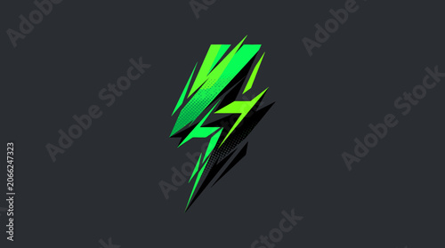 Lightning Bolt Abstract Dynamic Energy Design with Vibrant Green and Black Elements on a Dark Grey Background