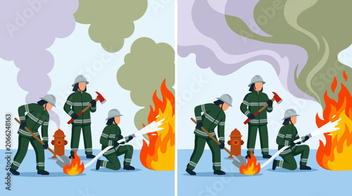 Obraz na plátně Firefighters battling a blazing fire with smoke and emergency equipment