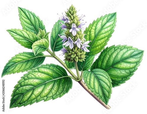 A botanical illustration of a flowering plant with green leaves and purple flowers
