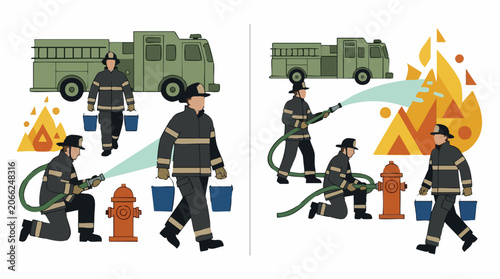 Foto Firefighters actively working to extinguish a fire with truck, hose, and buckets