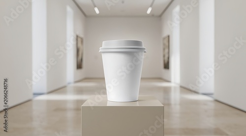 White Coffee Cup Displayed as Art in Museum Gallery.