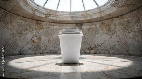 White Coffee Cup in a Spotlight in a Circular Stone Room.