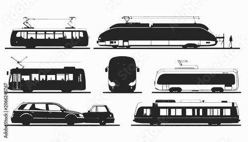 Foto Silhouette of various public transport vehicles.