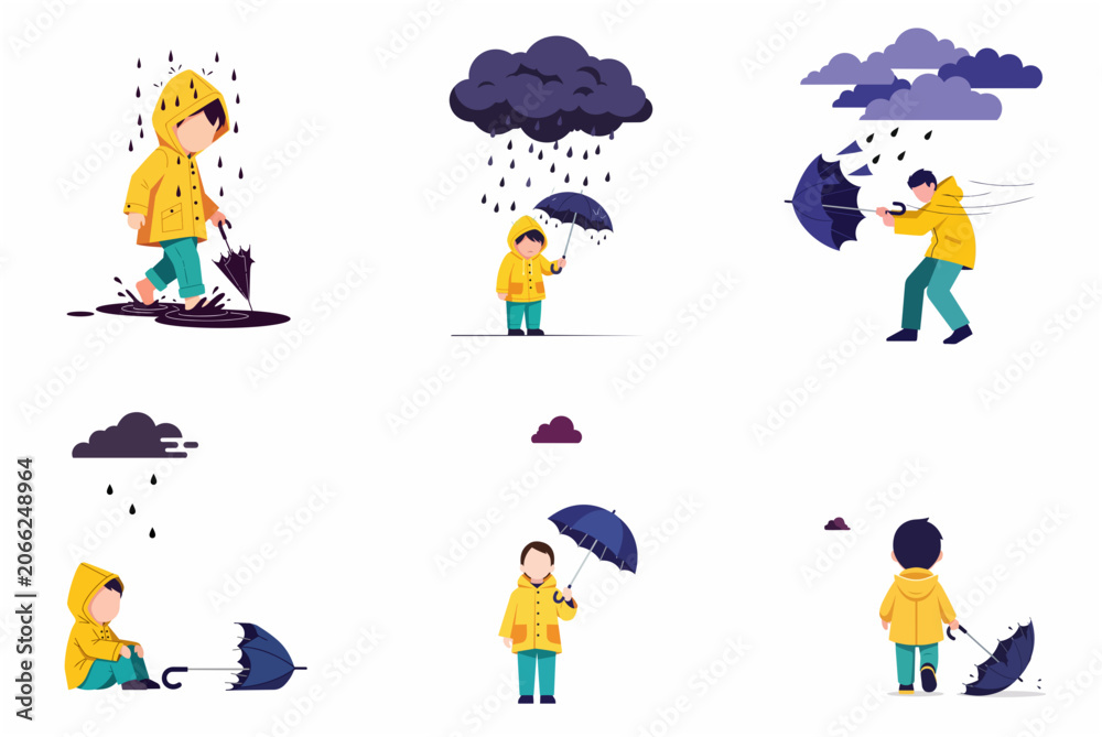 Fototapeta premium Vector set of a young boy in a yellow raincoat experiencing rainy and windy weather with an umbrella