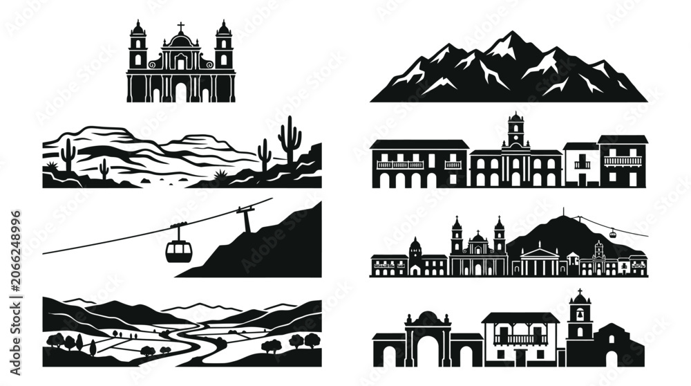 Obraz premium Landmarks Landscapes Vector Icons Colonial Church Mountains Desert Hills Historic Buildings Cable Car Skyline Valley Architecture Culture Heritage Design Collection