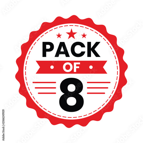 Pack of 8 badge label design in red and black colors, isolated on white background. Vector Illustration.