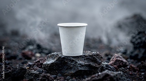 White disposable cup on volcanic rock with steam in background.
