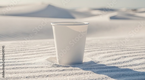 White Disposable Cup Standing Alone on Pristine White Sand Dunes Under Clear Sky.