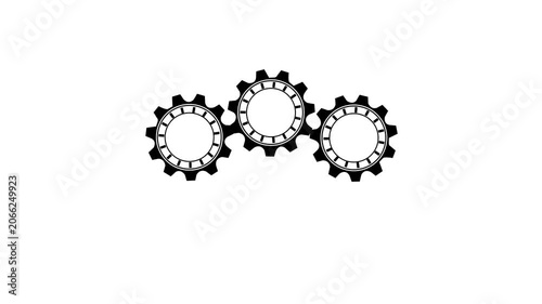 Three black gear icons rotating in different directions in a continuous seamless loop on white background,with 4k video animation.