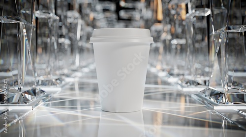 White Plastic Cup Surrounded by Abstract Glass and Light Reflections.