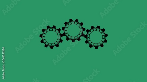 Three black gear icons rotating in different directions in a continuous seamless loop on green background,with 4k video animation.
