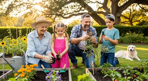 A family of four, including two children, and a dog are in a garden with flowers, trees, and raised beds