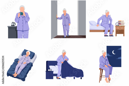 Fotografie Elderly woman suffering from insomnia and sleep disorders character set, senior