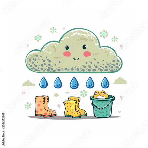 Cute happy cloud raining on boots and ducks in bucket