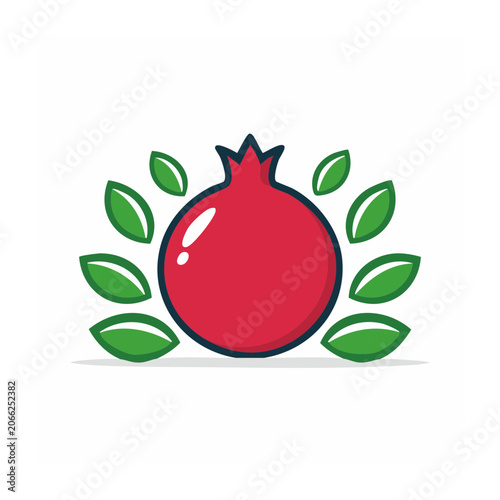 Flat design icon of a red pomegranate with green leaves