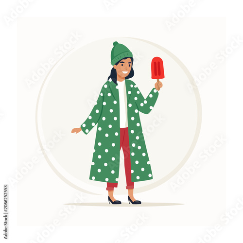 Woman in polka dot coat and hat eating a red popsicle