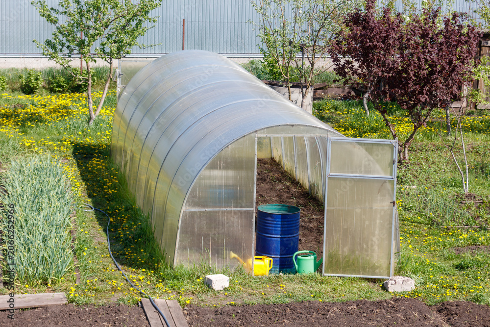 Fototapeta premium Greenhouse stands in sunny garden bed