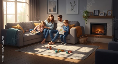 A family of three sits on a couch in a cozy living room with a fireplace