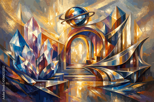Vászonkép Vibrant abstract crystalline landscape with futuristic architecture and a ringed planet