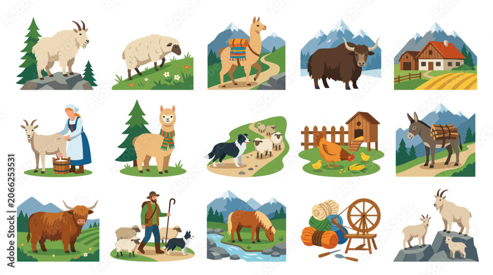 Fototapeta premium Vector Farm Animals and Rural Life - Flat Style Icons