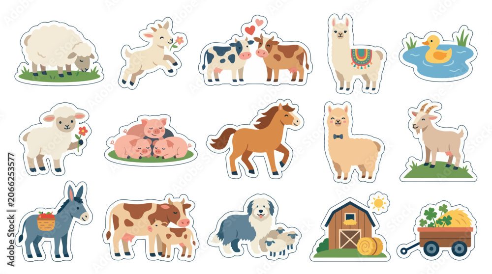 Fototapeta premium Cute Farm Animals and Barn Vector Art Sticker Set, Flat Style