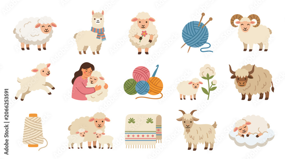 Fototapeta premium Textile Craft Collection: Cute Flat Vector Illustrations of Wool Animals, Yarn, and Knitting Supplies