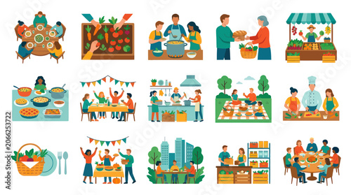 Flat Vector Illustrations of People Enjoying Food and Community Gatherings