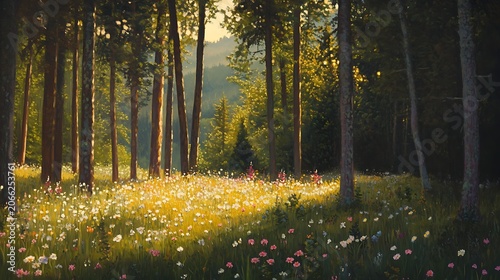 Sunlit forest scene with wildflowers and trees in a natural environment