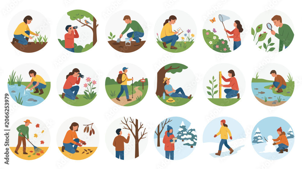 Fototapeta premium Flat Vector Illustration of People Enjoying Seasonal Outdoor Activities and Nature Study