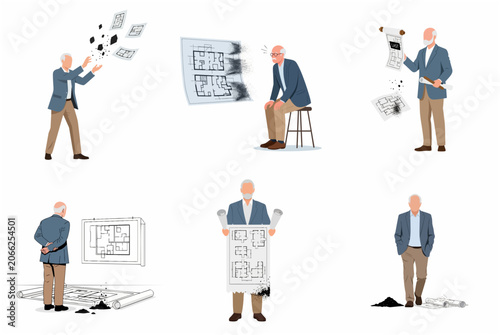Foto Set of illustrations showing a senior architect with crumbling blueprints, representing professional crisis, failure, or the end of a career