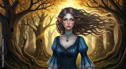 A fantasy female elf with long hair and pointed ears stands in a mystical forest