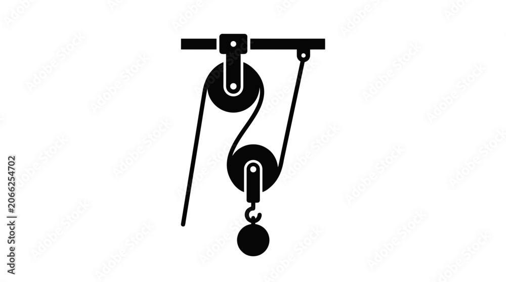 Fototapeta premium Pulley System Icon, Mechanical Advantage, Lifting Mechanism, Vector Silhouette