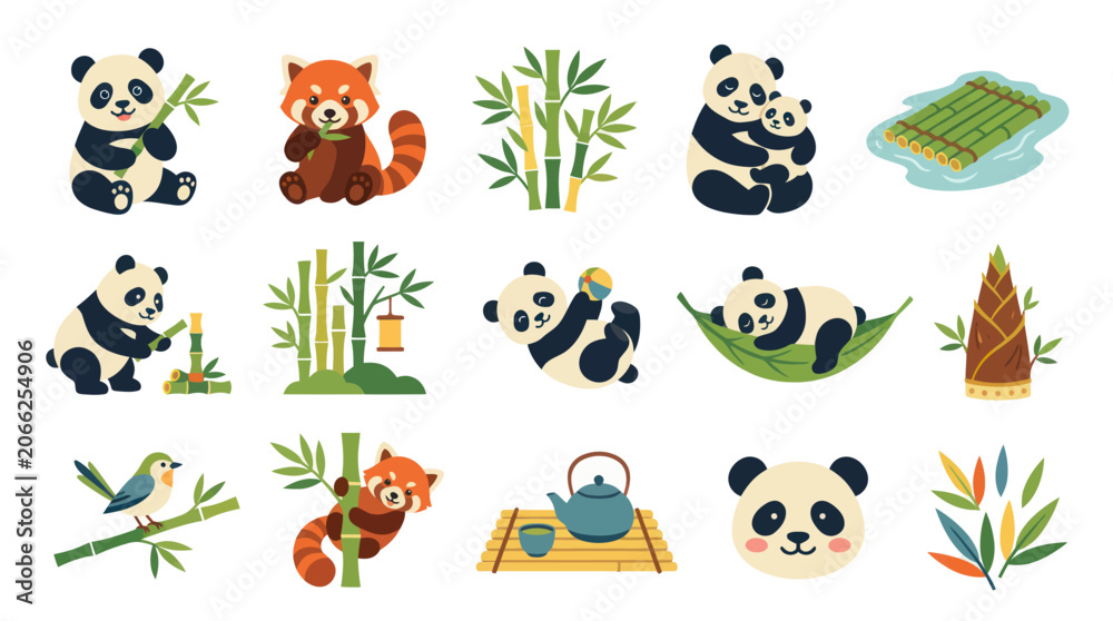 Fototapeta premium Cute Flat Vector Panda, Red Panda Bamboo Icon Set. Asian Wildlife and Nature Elements Illustrations Collection.