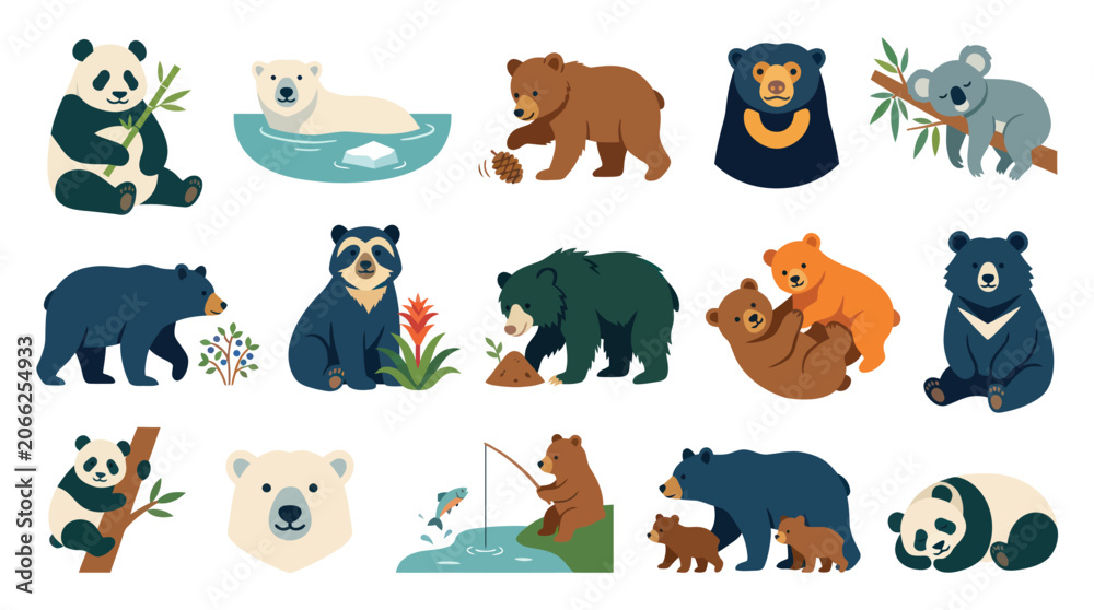 Obraz premium Cute Cartoon Bear Collection: Pandas, Polar, Brown Bears, Flat Vector Art