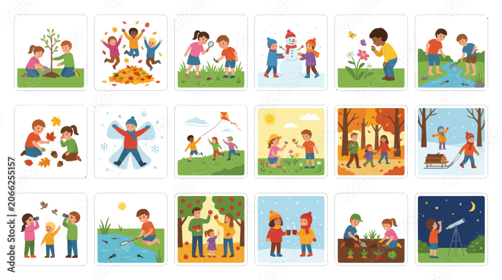 Fototapeta premium Flat Vector Illustration Set: Kids and Children Engaging in Diverse Seasonal Outdoor Activities and Education