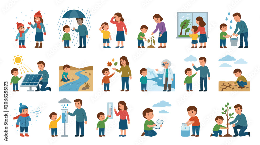 Fototapeta premium Environmental Education Flat Vector Illustration Set: Kids Learning Weather, Nature, and Sustainability Concepts