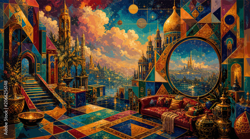Obraz na plátne A vibrant, fantastical cityscape with ornate architecture and a dramatic sky, rendered in a mosaic-like, rich artistic style