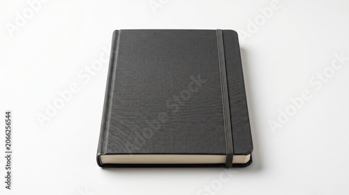 A closed black leather-bound book lies on a plain white surface