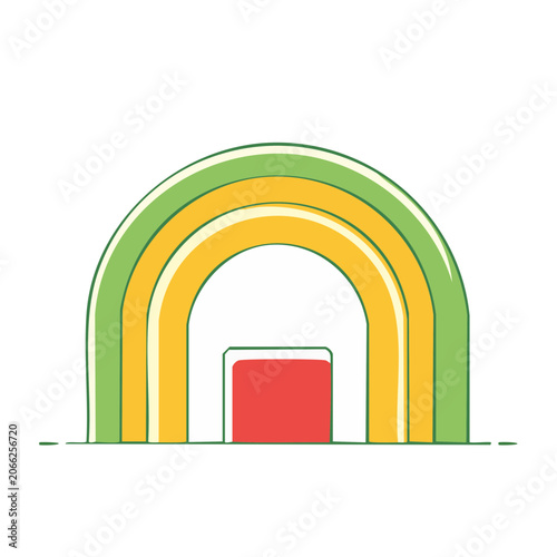 Stylized rainbow arch with red block and green yellow colors